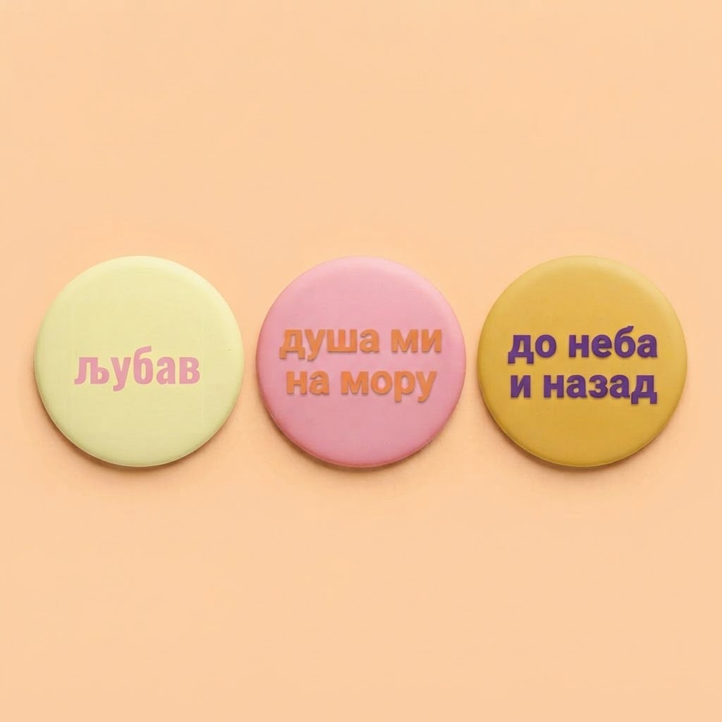 Tri bedža sa natpisima Ljubav, Duša mi na moru i Do neba i nazad